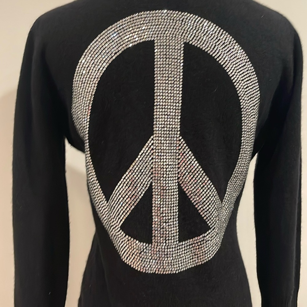 E.VIL Black Cashmere Sweater with Crystal Peace Sign on Back